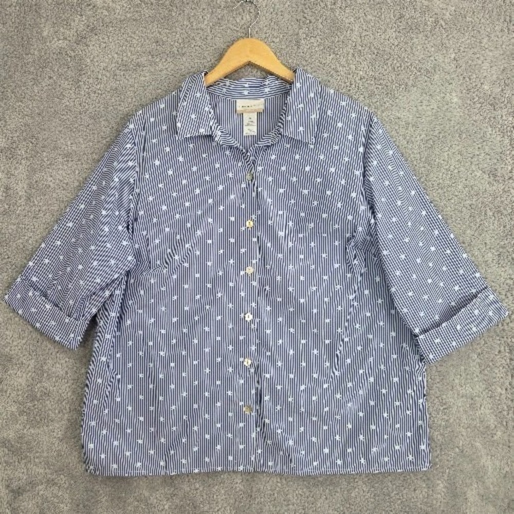 Alfred Dunner Button Down Shirt Women's 1X Blue Striped Star Print 3/4 Sleeve